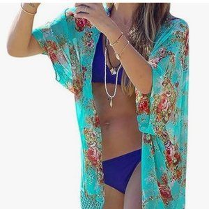 Turquoise Chiffon Tasseled Beach Coverup
